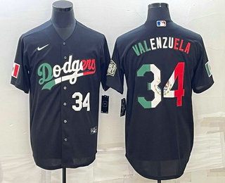 Men%27s Los Angeles Dodgers #34 Fernando Valenzuela Number Mexico Black Cool Base Stitched Baseball Jersey